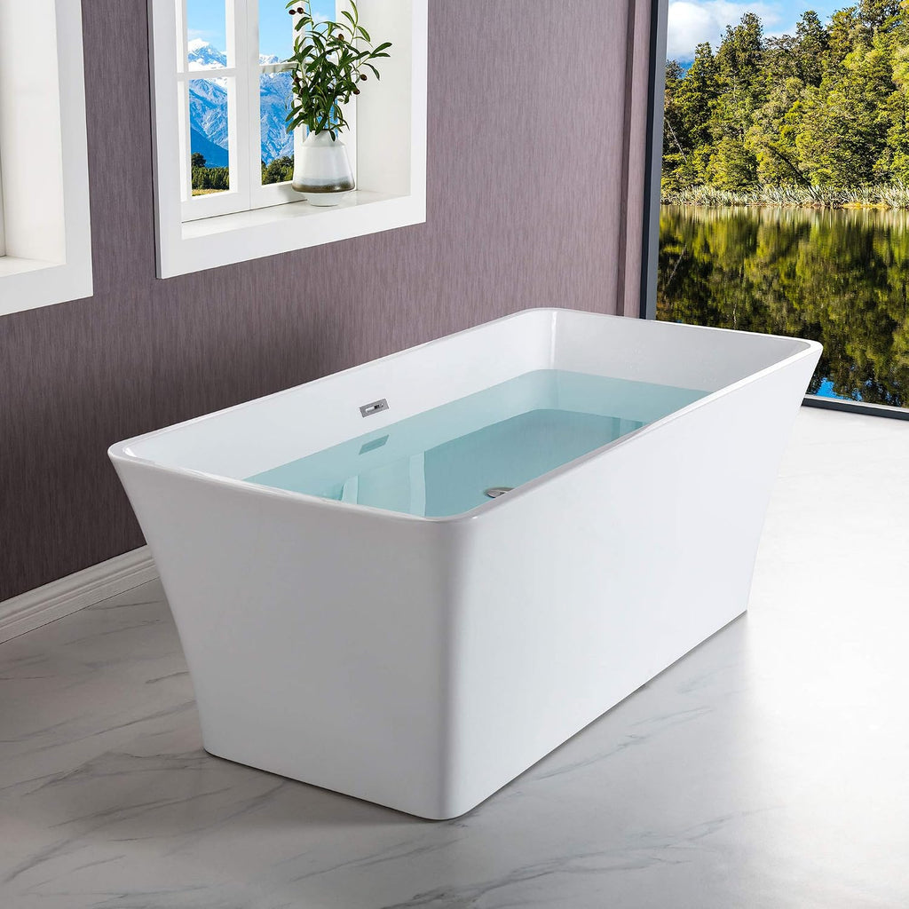 WOODBRIDGE 59' Freestanding White Acylic Soaking Bathtub with Drain Kit and Floor Mount Tub Filler in Chrome,BTA1509-C-Drain &O+ F0002CHSQ