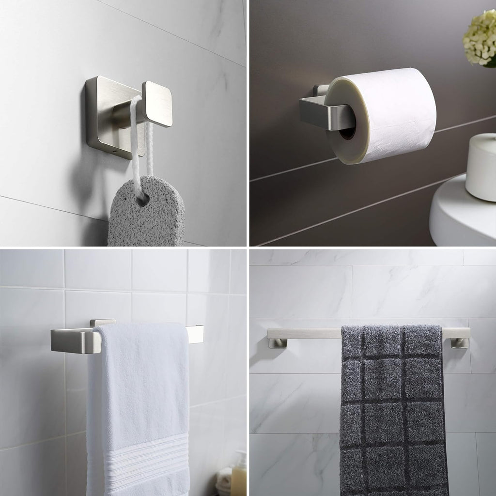 Kibi Blaze 5-Piece Bathroom Hardware Set – Includes 19 -Inch Hand Towel Bar and Holder, Toilet Paper Holder, Robe Hook – Wall Mounted, Solid Brass, Modern Bath Accessories (Brushed Nickel, KBA16-5-1)