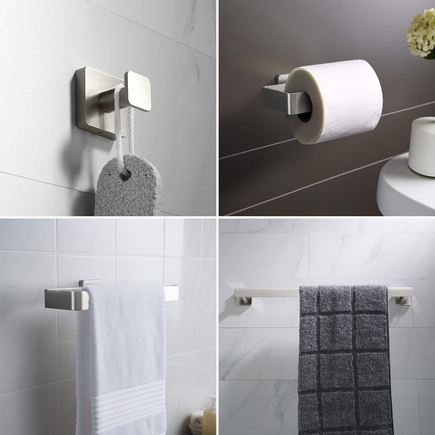 Kibi Blaze 5-Piece Bathroom Hardware Set – Includes 19 -Inch Hand Towel Bar and Holder, Toilet Paper Holder, Robe Hook – Wall Mounted, Solid Brass, Modern Bath Accessories (Brushed Nickel, KBA16-5-1)