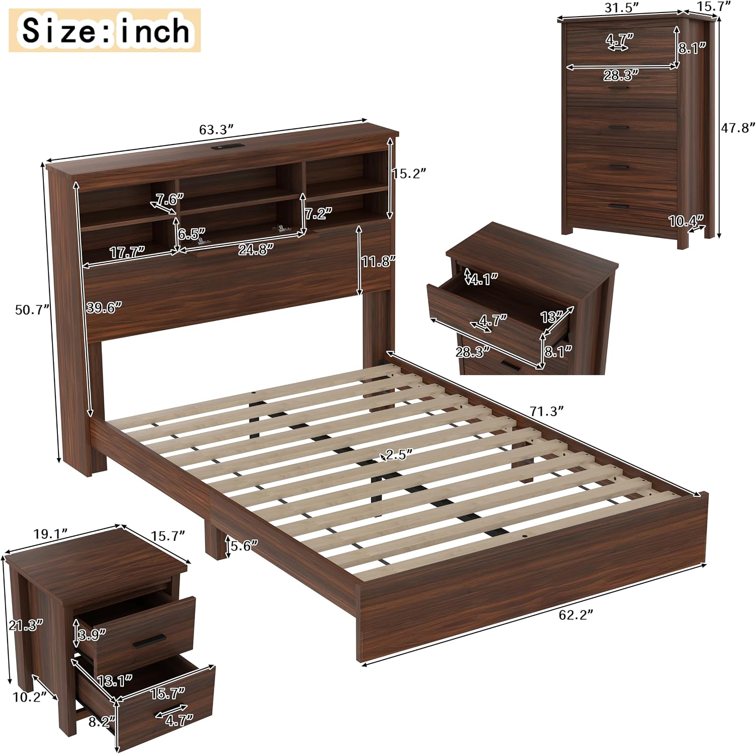 4PCS Bedroom Sets, Wooden Queen Size Bed Frame with Storage Headboard and Charging Station, 2 Nightstands with 2 Drawers,1 Dresser with 5 Drawers,Noiseless, No Box Spring Needed (Walnut-JU3)
