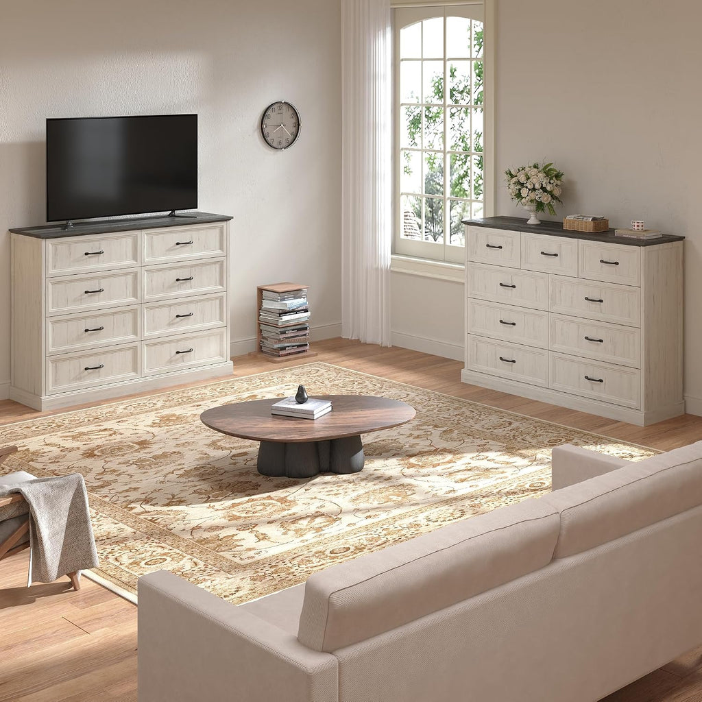 Tradare Farmhouse Dresser and Nightstand Sets 3 Piece, Nightstands Set of 2 & 8 Drawers Dresser for Bedroom, 55' Wide and 24' Inch Night Stand Set for Bedroom, Living Room, Hallway, White