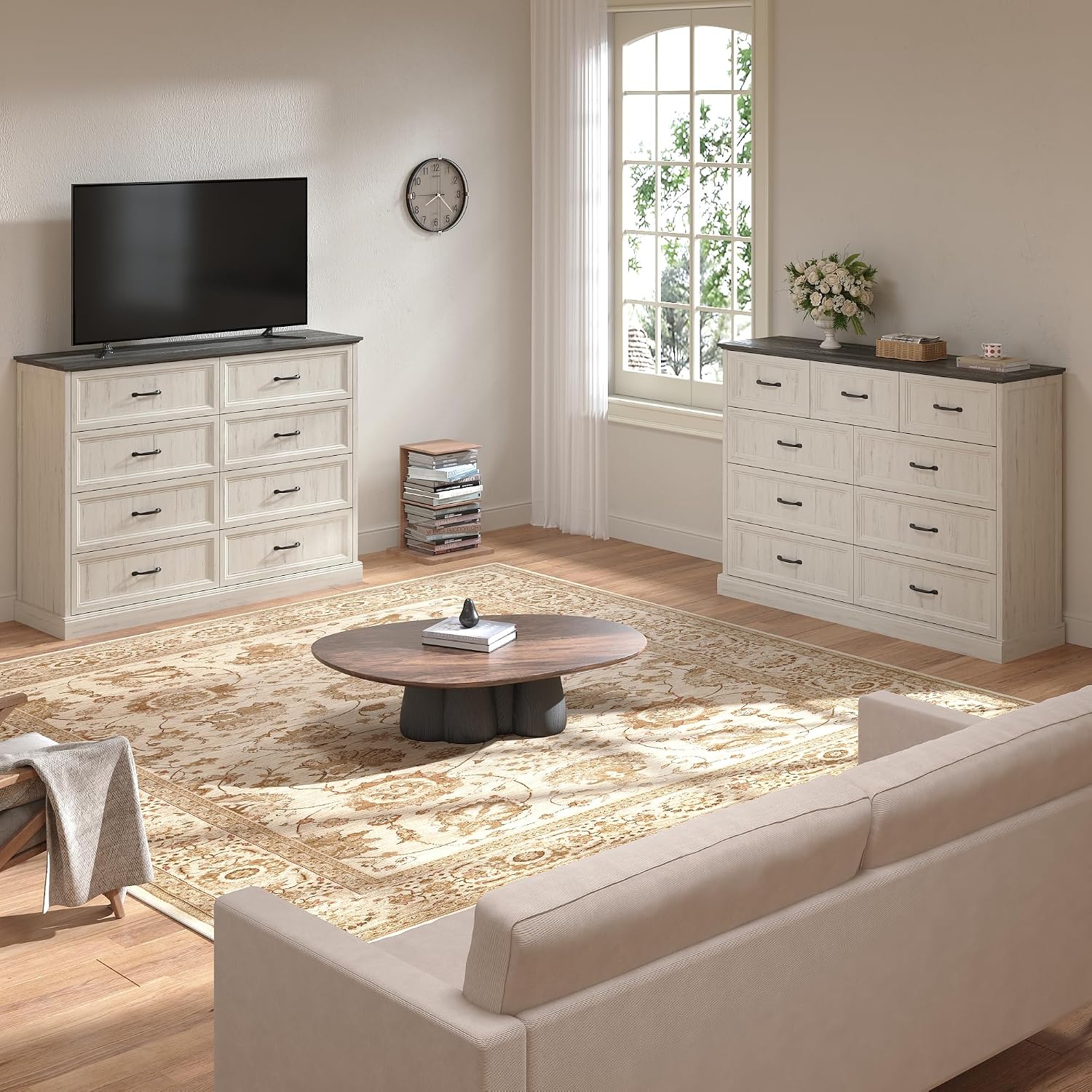 Tradare Farmhouse Dresser and Nightstand Sets 3 Piece, Nightstands Set of 2 & 8 Drawers Dresser for Bedroom, 55' Wide and 24' Inch Night Stand Set for Bedroom, Living Room, Hallway, White