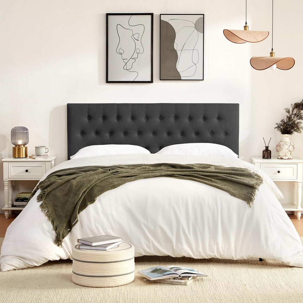Huatean Home Tufted Upholstered Headboard King Size, Solid Wood Head Board with Durable Metal Legs, Adjustable Height Bed headboard from 37' to 51' Fabric Headboard in Modern Button Design (Black)