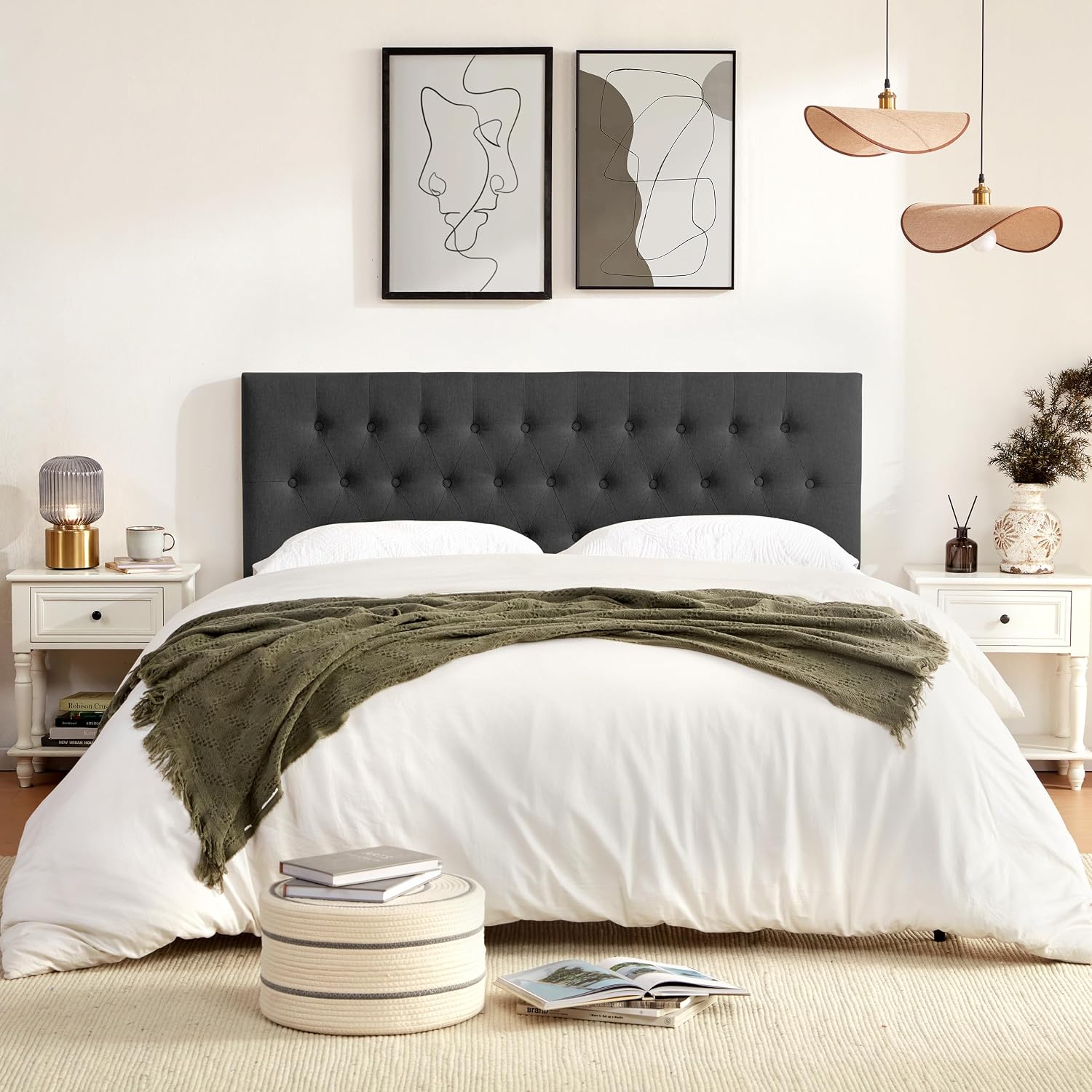 Huatean Home Tufted Upholstered Headboard Queen Size, Solid Wood Head Board with Durable Metal Legs, Adjustable Height Bed headboard from 37' to 51' Fabric Headboard in Modern Button Design (Black)