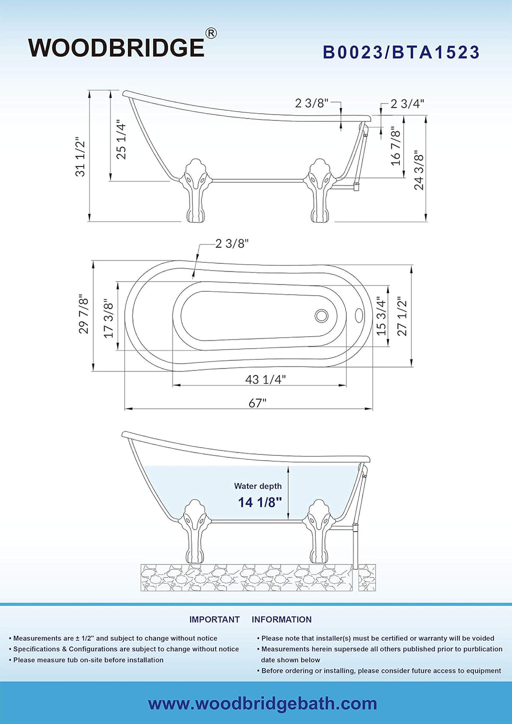 WOODBRIDGE B0023-B/N-Feet+B/NDrain Bathtub, Brushed Nickel