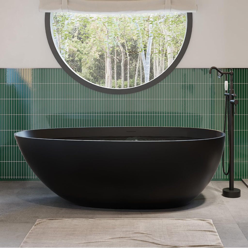 CASAINC 59' Solid Surface Freestanding Bathtub Egg-Shaped Stone Resin Freestanding Tub Matte Black Stand-Alone Tub with Drain, Drain Hose & Sanding Paper