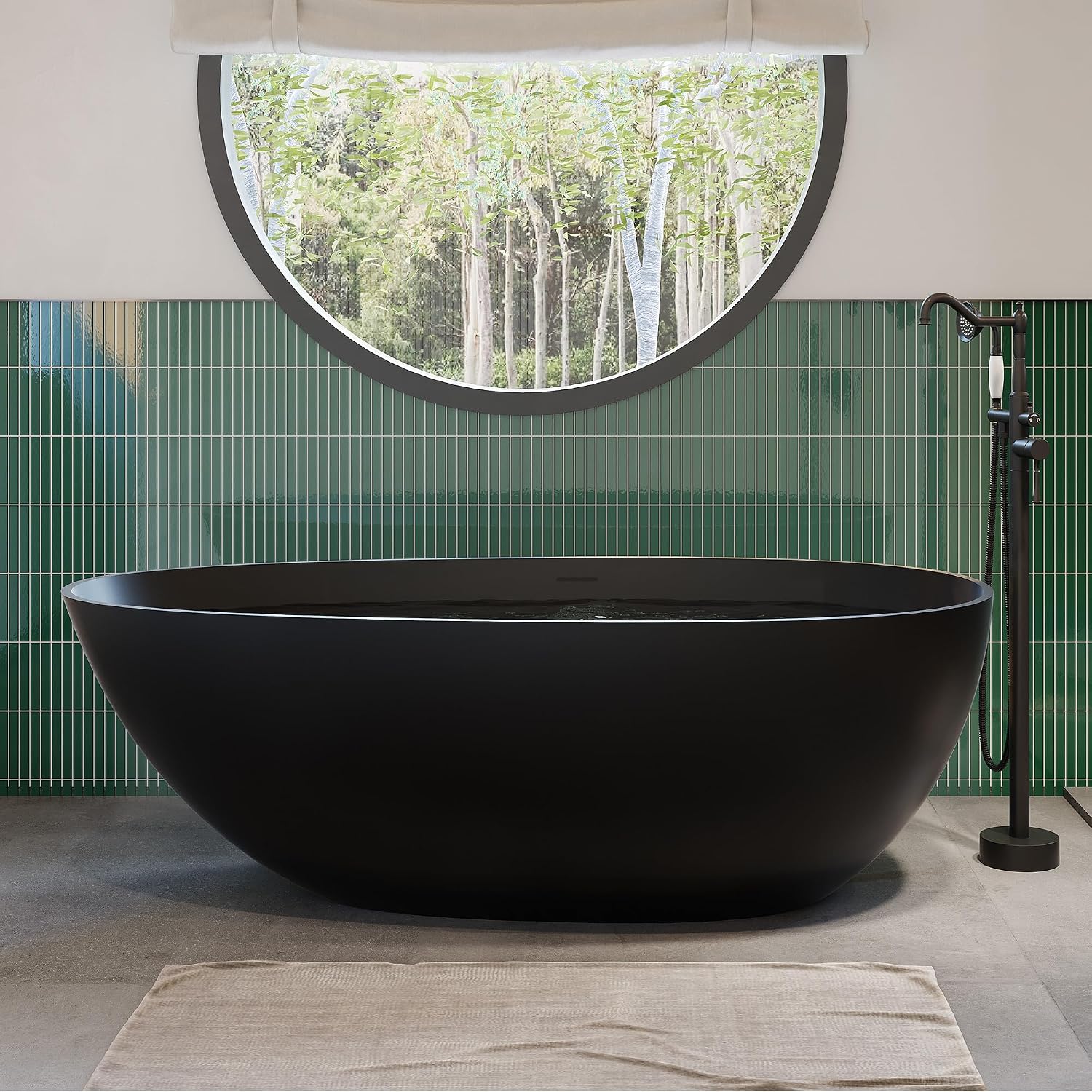 CASAINC 59' Solid Surface Freestanding Bathtub Egg-Shaped Stone Resin Freestanding Tub Matte Black Stand-Alone Tub with Drain, Drain Hose & Sanding Paper
