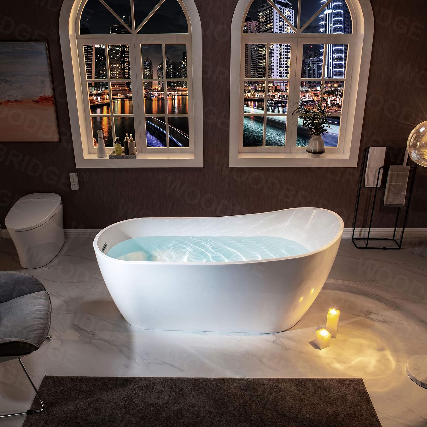 WOODBRIDGE 67' Acrylic Freestanding Bathtub Contemporary Soaking White Tub with Matte Black Overflow and Drain，B0001 -MB-Drain &O