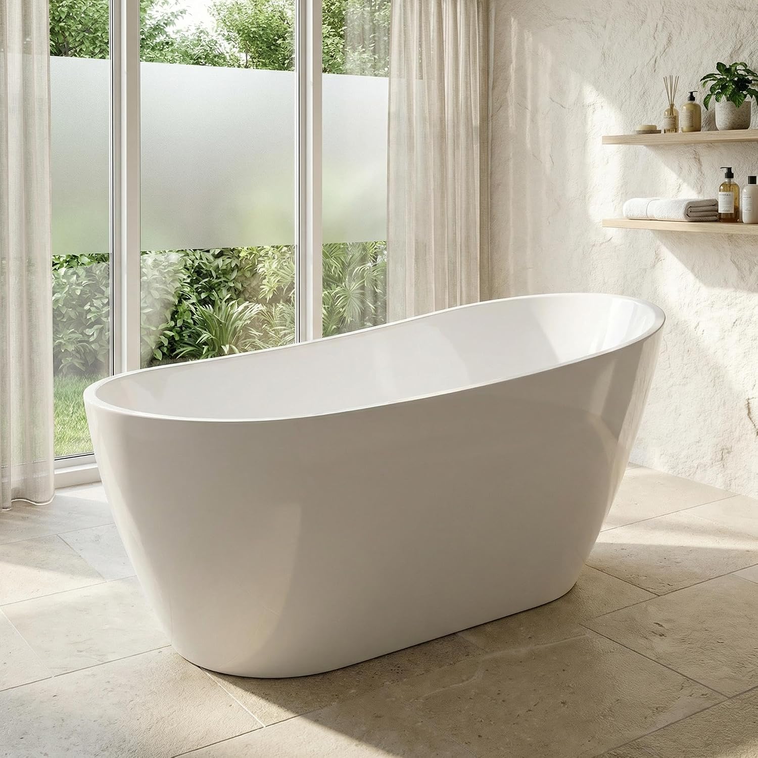 67 Inch Acrylic Freestanding Bathtub, Deep Soaking Tub with Non-Slip Base, cUPC Certified Free Standing Modern Bath Tub with Chrome Drain, Easy-Clean White Soaking Tub for Bathroom, Home Spa