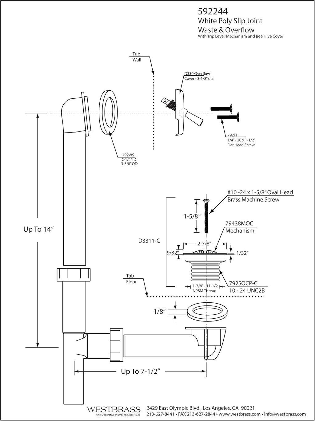 Westbrass 592244-12-62 14' White Poly Tubular Bath Waste & Overflow Assembly with Trip Lever and Strainer Grid Drain Cover, Matte Black (12-Pack)