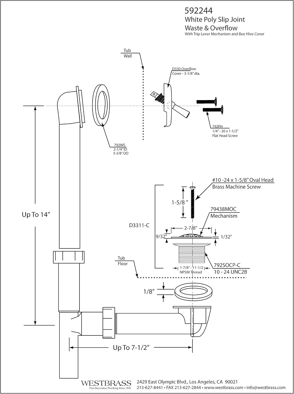 Westbrass 592244-4-12 14' White Poly Tubular Bath Waste & Overflow Assembly with Trip Lever and Strainer Grid Drain Cover, 4-Pack, Oil Rubbed Bronze, 4 Count