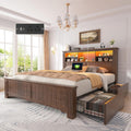 EnHomee Full Size Bed Frame with Storage, Full Bed Frame with 4 Drawers Charging Port & LED, Full Size Bed Frame with Headboard Built in Charging Station,No Box Spring Needed,NO Noise,Vintage Brown