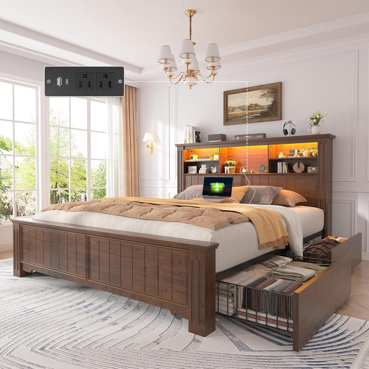 EnHomee Full Size Bed Frame with Storage, Full Bed Frame with 4 Drawers Charging Port & LED, Full Size Bed Frame with Headboard Built in Charging Station,No Box Spring Needed,NO Noise,Vintage Brown
