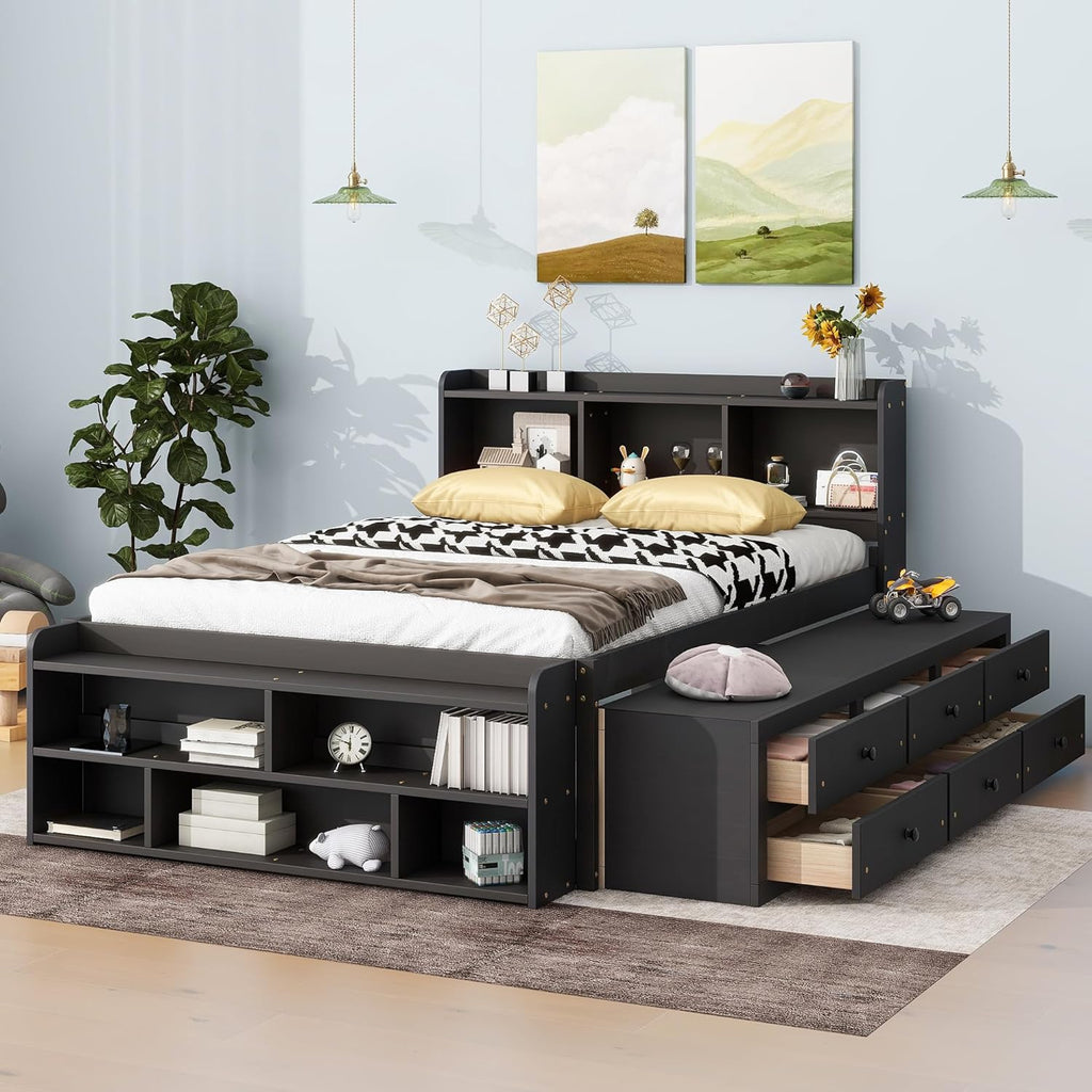 Modern Full Size Platform Bed with Bookcase Storage Headboard, Wood Captain Platform Bed Frame with 6 Drawers and Bed End Storage Case, Sturdy Slat Support, Maximize Space (Espresso-I4)