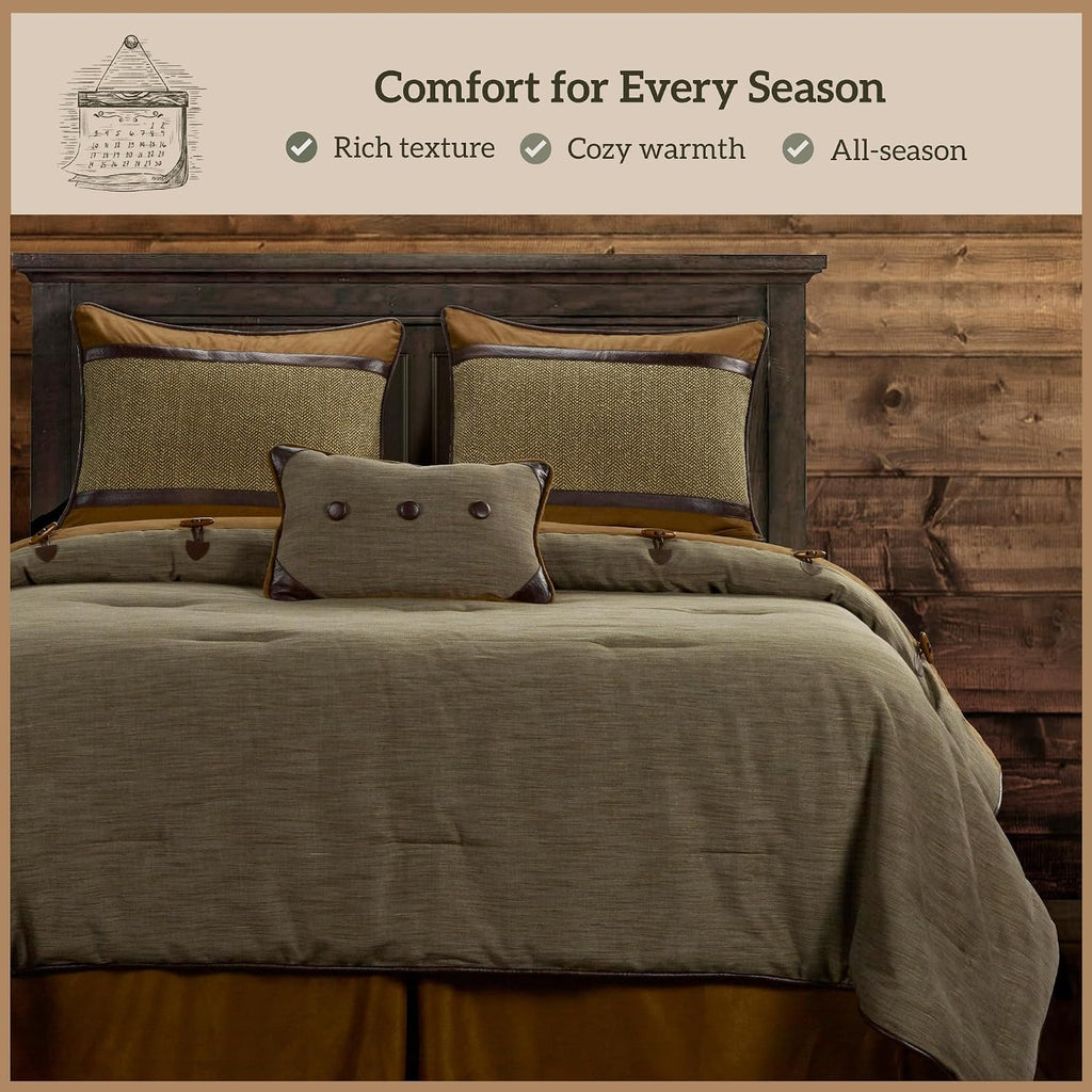Paseo Road Highland Lodge Rustic Bedding Twin Size Comforter Set, 4 Piece Rustic Comforter Set with Bed Skirt, Sham, Accent Pillow, Green Brown Chenille Jacquard Cabin Bedding Set, Cozy Lodge Bedding