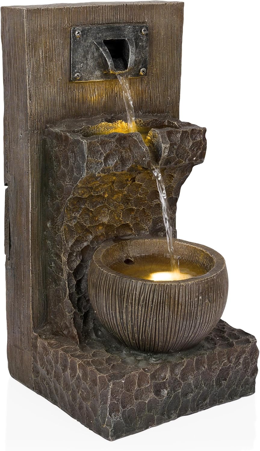Alpine Corporation ZDQ108 Indoor/Outdoor Floor 3-Tier Fountain with LED Lights, Cascading Garden Water Fountain, 20' H, Brown