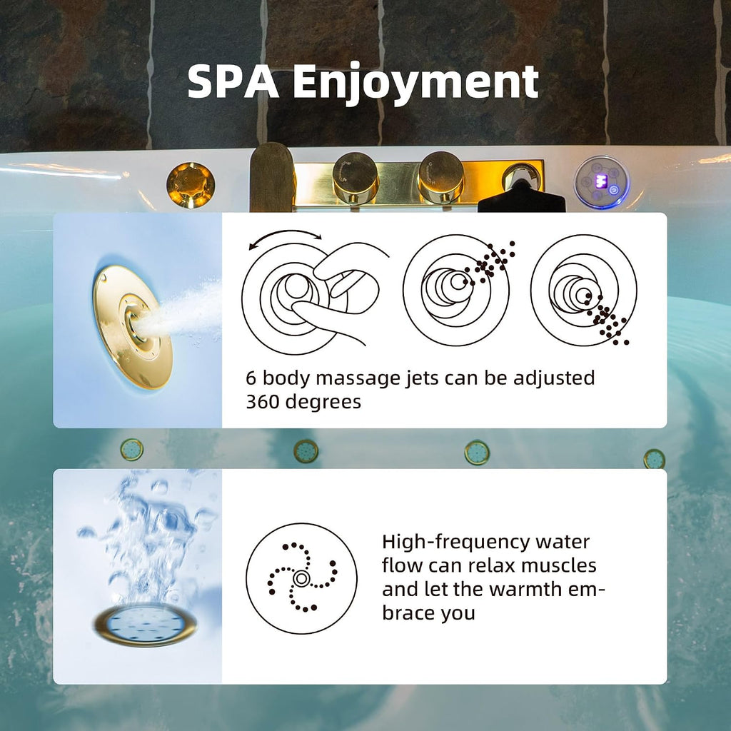 WOODBRIDGE 72' x 35-3/8' Whirlpool and Air Bath Heated Soaking Combination Tub with Adjustable Speed Air Blower and Display Control Panel, Brushed Gold Finish Trim and Drain Kit, BG400+F0045BG