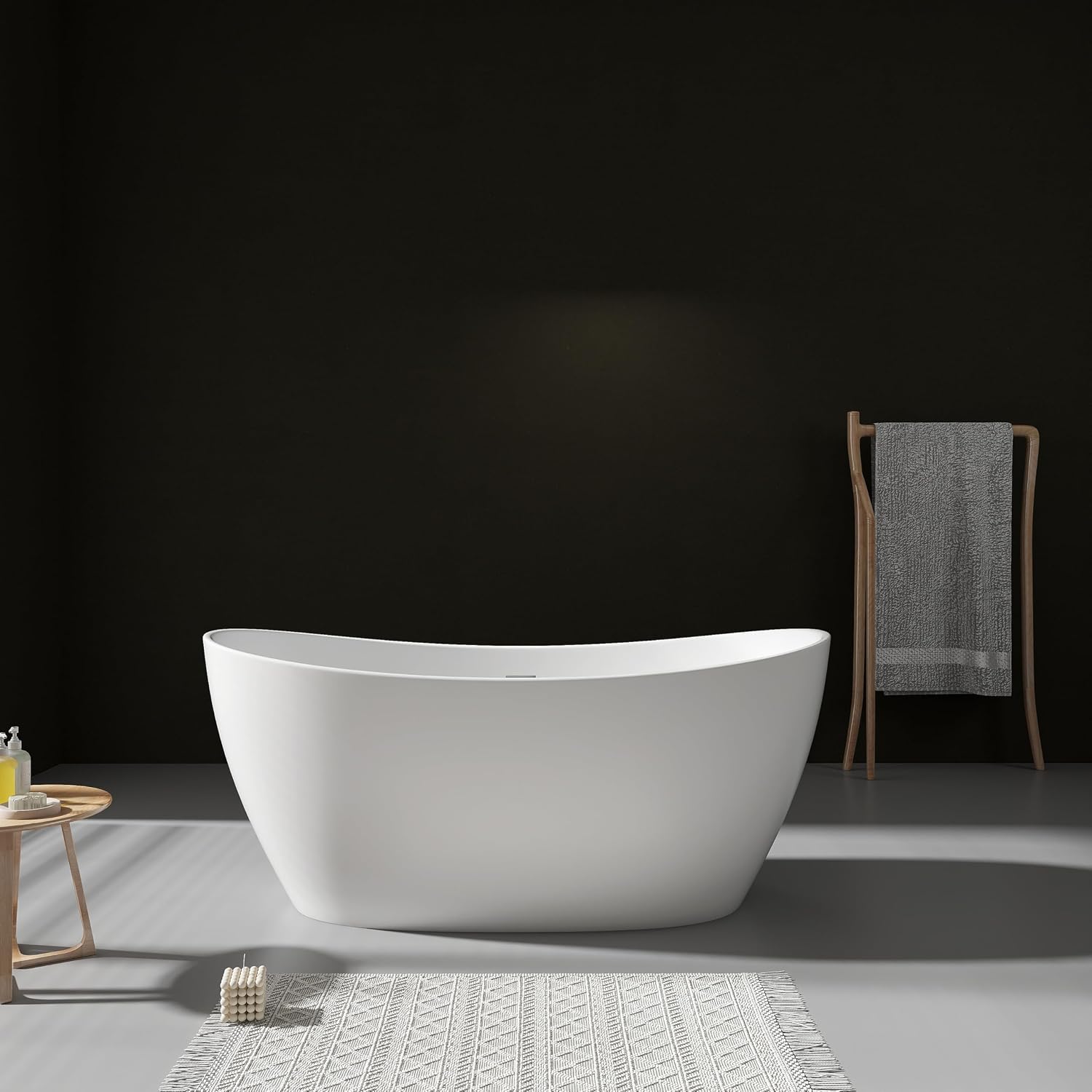 SJ STAR&JANE 55' Solid Surface Freestanding Bathtub Stone Resin Tub Oval Double Slippers Stand Alone Soaking Tub with Pop-up Drain and Overflow, Matte White