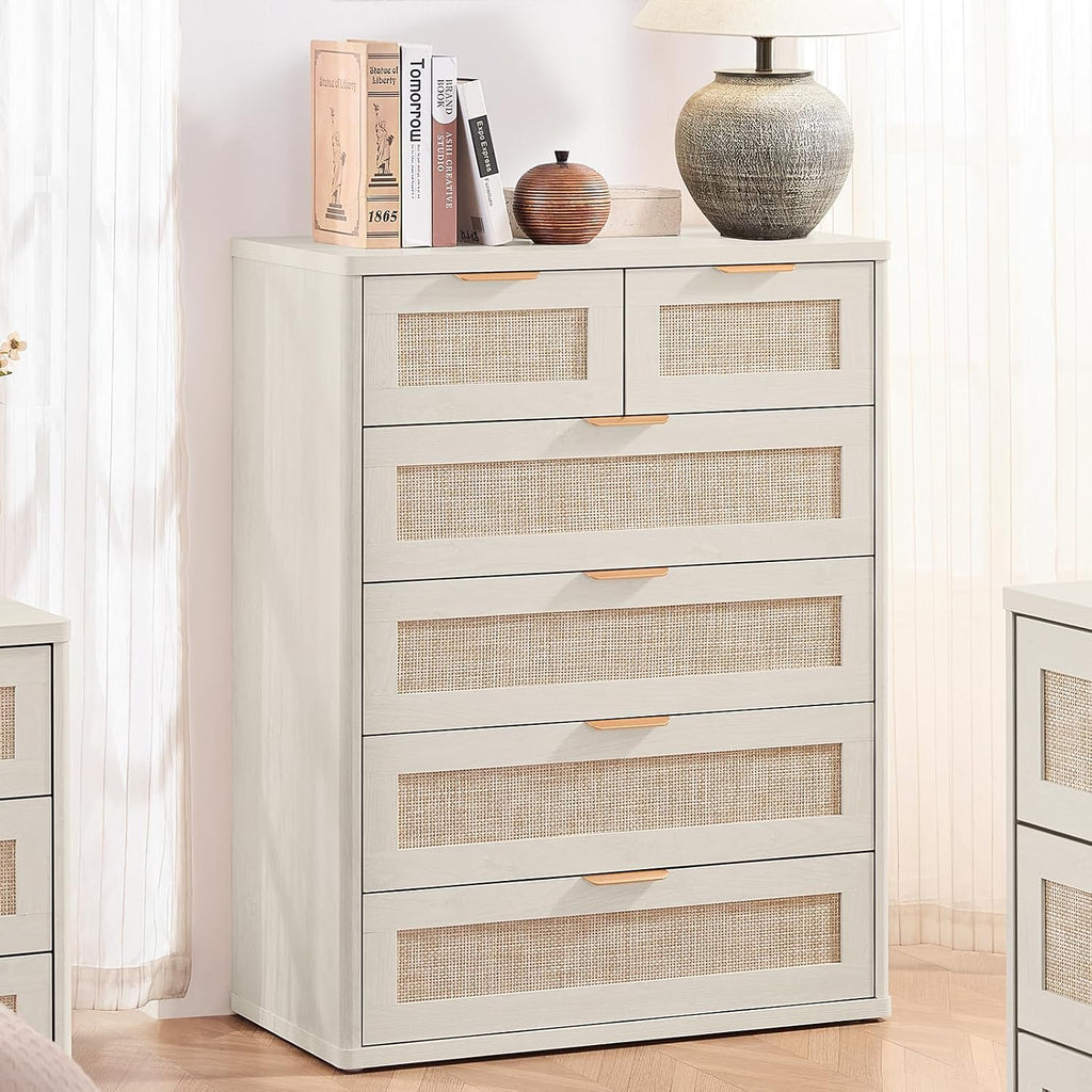 LEYAOYAO Rattan Dresser and Nightstand Set of 4, Boho Wood Dresser for Bedroom with 6 Drawers and Night Stand with Charging Station, Bedroom Furniture,Dressers & Chests of Drawers,Living Room,Hallway