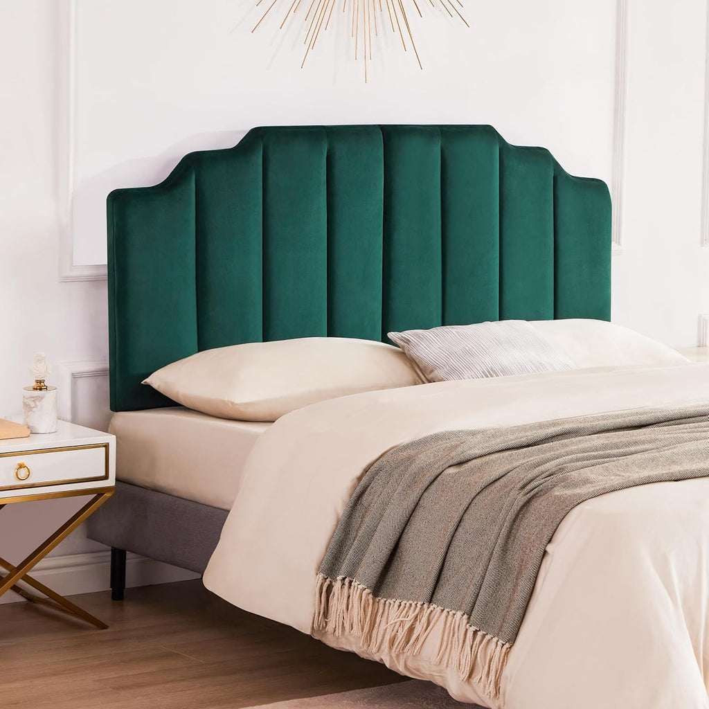 Huatean Home Velvet Upholstered Headboard Queen, Tufted Headboard, Elegantly Curved Queen headboard only,Soft Padded headboards, Modern Vertical Channel Design Head Board, Dark Green