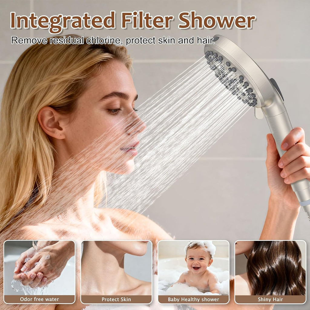 Iriber Brushed Nickel Round Rain Shower System Faucet Set，Bathroom Filtered Shower Head with Handheld, 9 Spray Mode Showerhead with Filters,Shower Valve Trim Kit Contain Cartridge,10 Inch