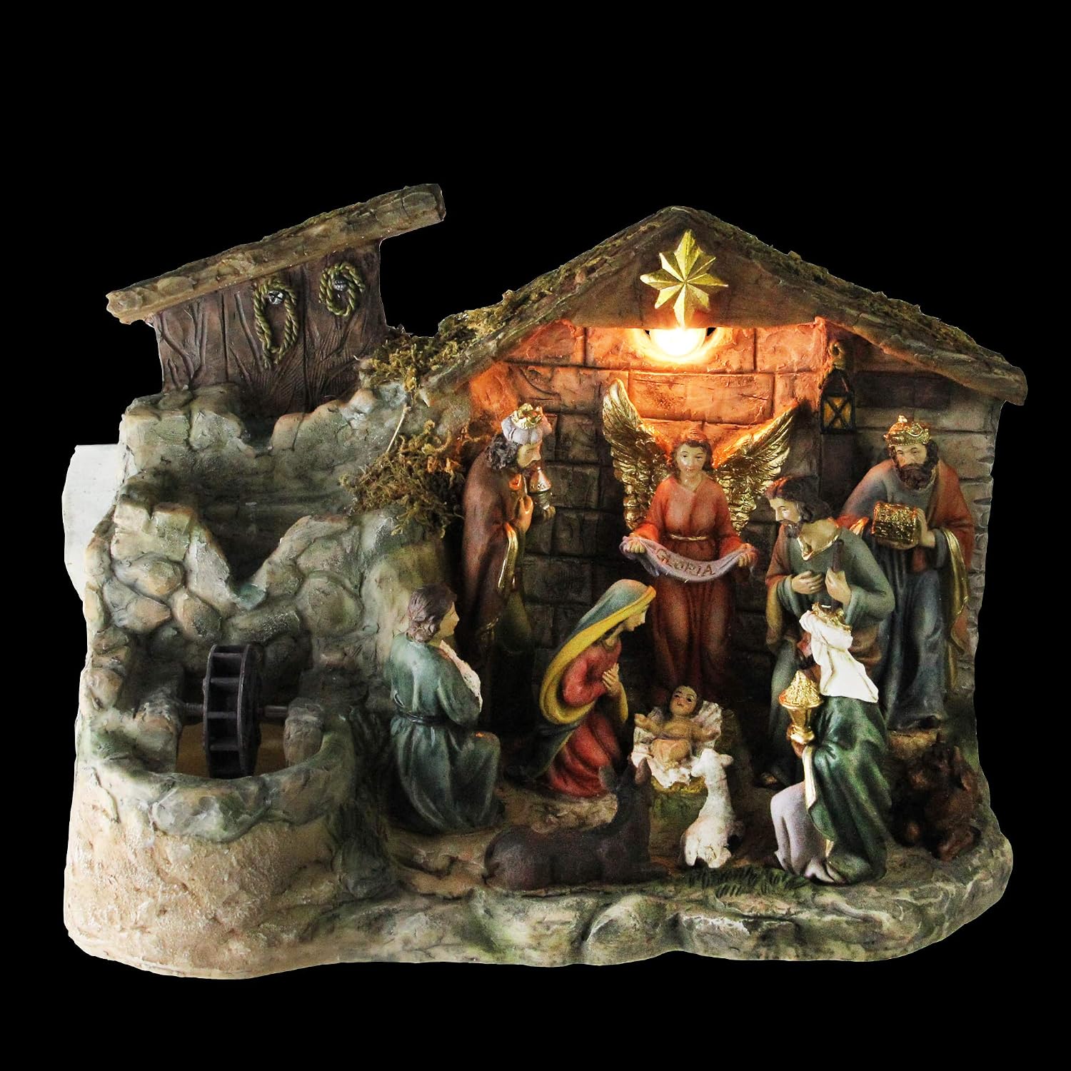 NORTHLIGHT 11-Piece Pre-Lit Brown Christmas Nativity Figurine Set with Water Fountain 11' - Warm White Light