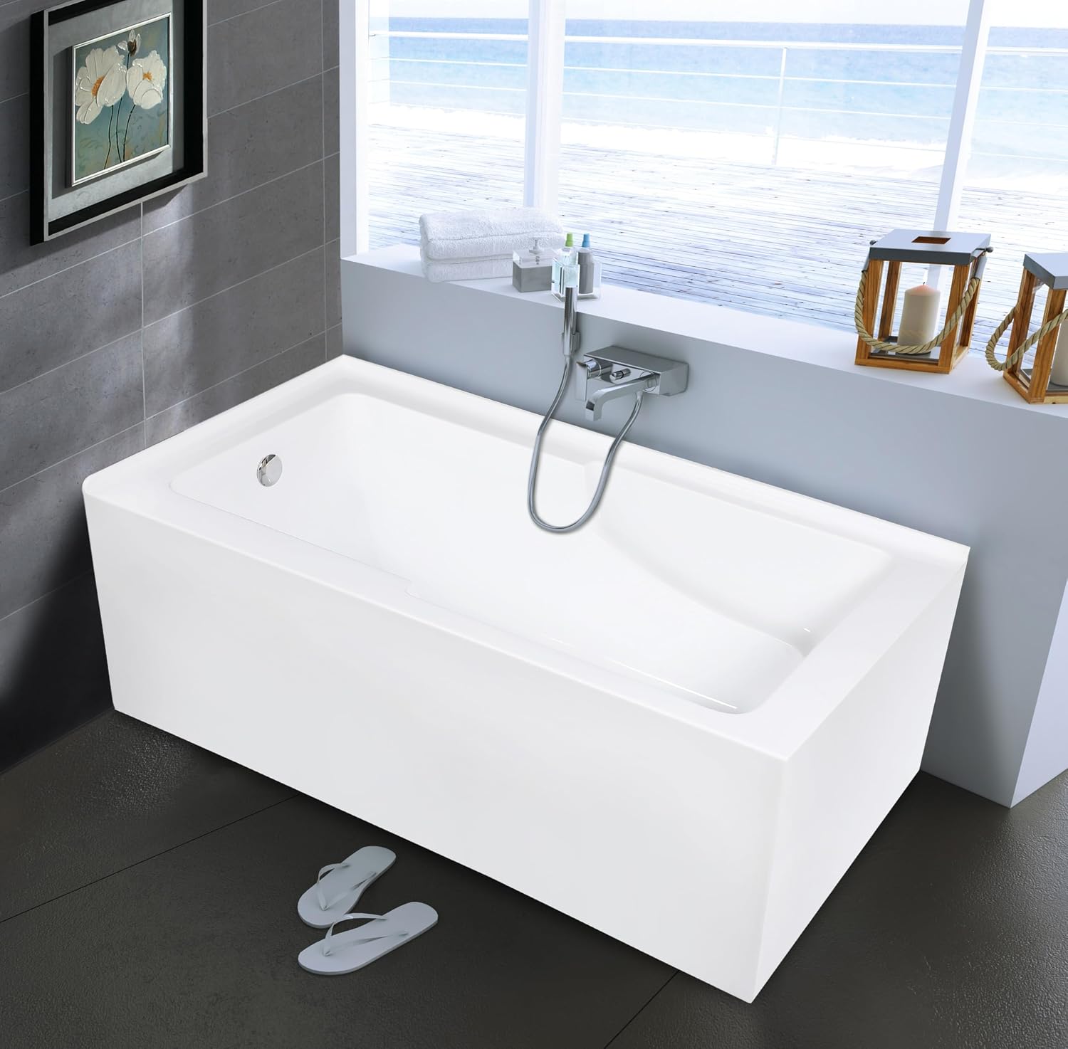 Aqua Eden VTAM6032L22S 60-Inch Acrylic 2-Wall Corner Alcove Tub with Corner Apron, Left Hand Drain Hole, White