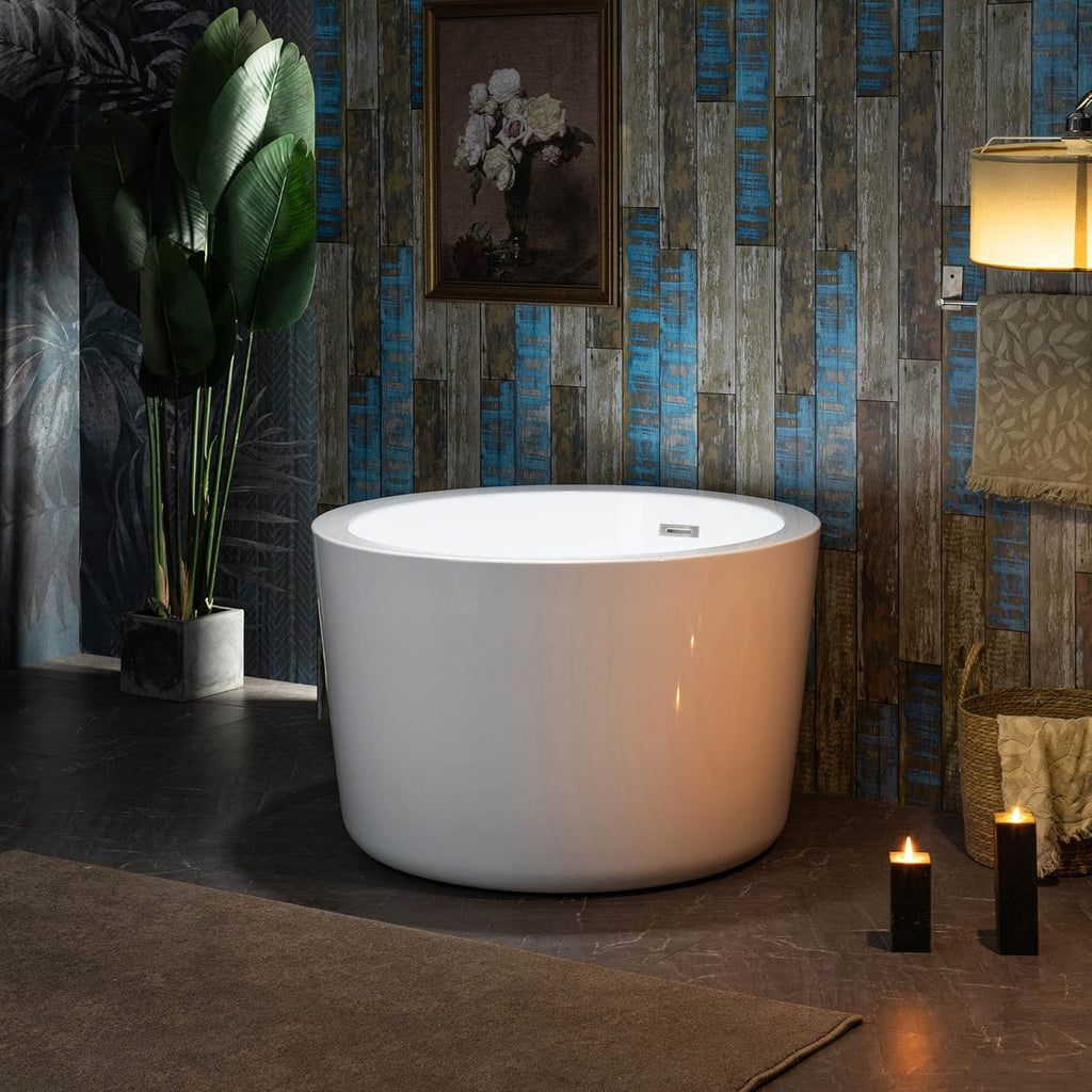 WOODBRIDGE 41' Acrylic Freestanding Round Contemporary Soaking Tub with Pre-molded Seat and Chrome Overflow and Drain Option, White