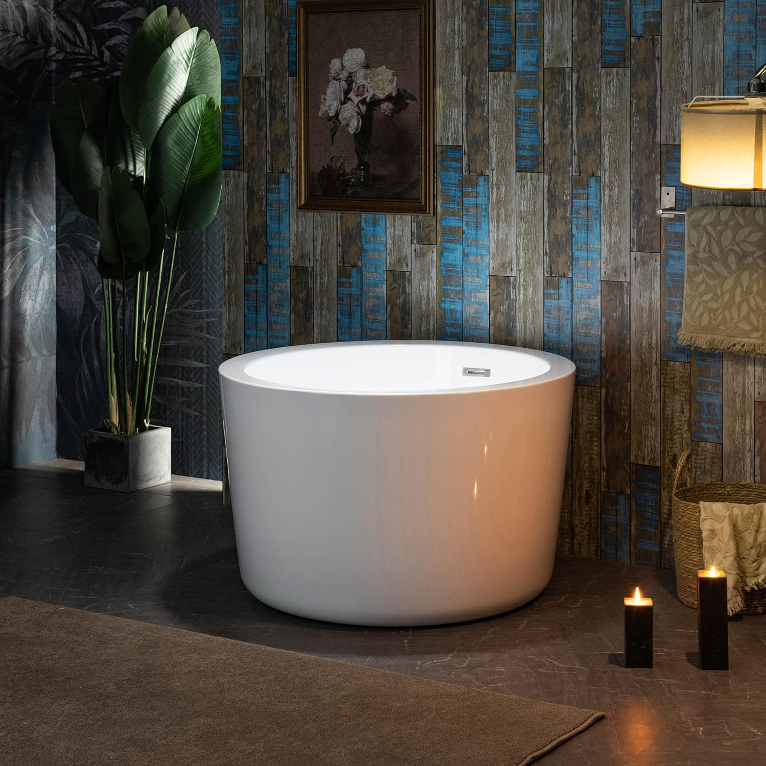 WOODBRIDGE 41' Acrylic Freestanding Round Contemporary Soaking Tub with Pre-molded Seat and Chrome Overflow and Drain Option, White
