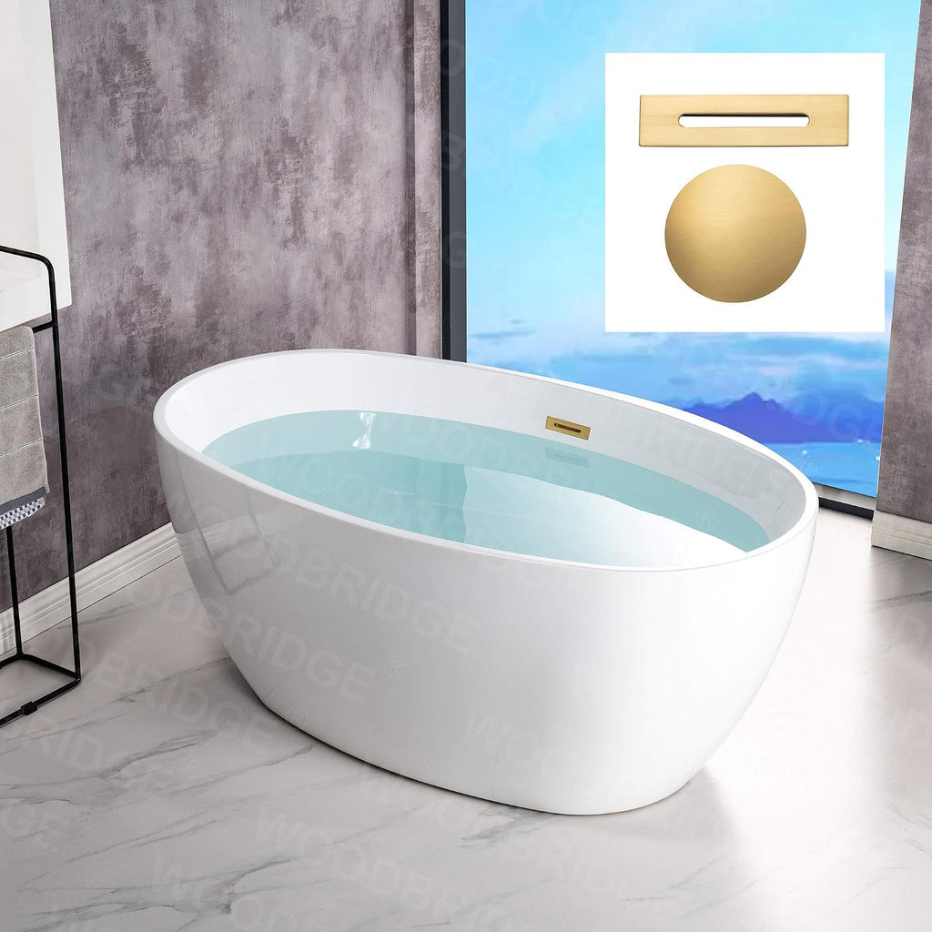 WOODBRIDGE 55' Acrylic Freestanding Bathtub Contemporary Soaking White Tub with Brushed Gold Overflow and Drain,B1418-BG