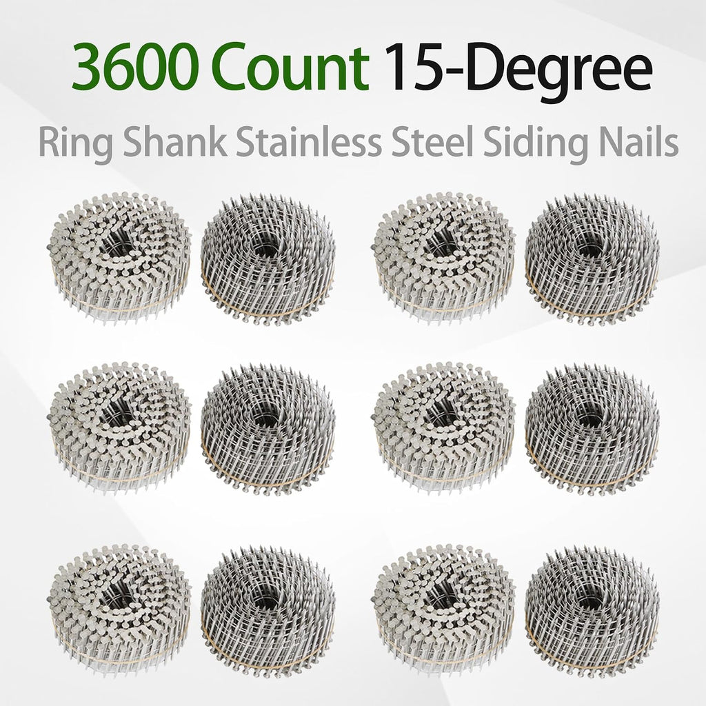 marddpair 3600 Count 1-3/4-Inch x .090-Inch 15-Degree Ring Shank Stainless Steel Siding Nails Collated Wire Coil for Wood or Fencing