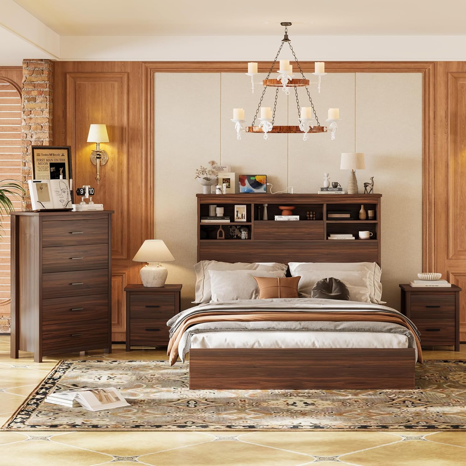 4PCS Bedroom Sets, Wooden Queen Size Bed Frame with Storage Headboard and Charging Station, 2 Nightstands with 2 Drawers,1 Dresser with 5 Drawers,Noiseless, No Box Spring Needed (Walnut-JU3)