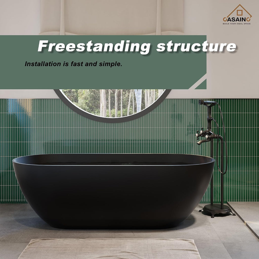 CASAINC 59' Free Standing Tub, Oval-Shaped Stone Resin Freestanding Bathtub Matte Black Solid Surface Soaking Tub with Drain, Drain Hose & Sanding Paper