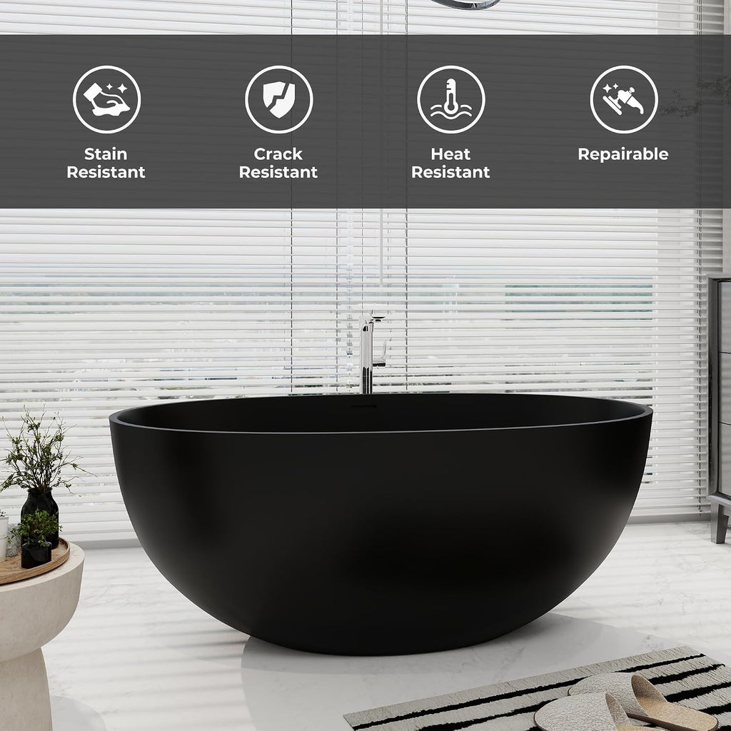 SJ STAR&JANE 55' Solid Surface Freestanding Bathtub, Stone Resin Oval Soaking Tub Matte Black Stand Alone Tub with Overflow and Pop-up Drain for Bathroom
