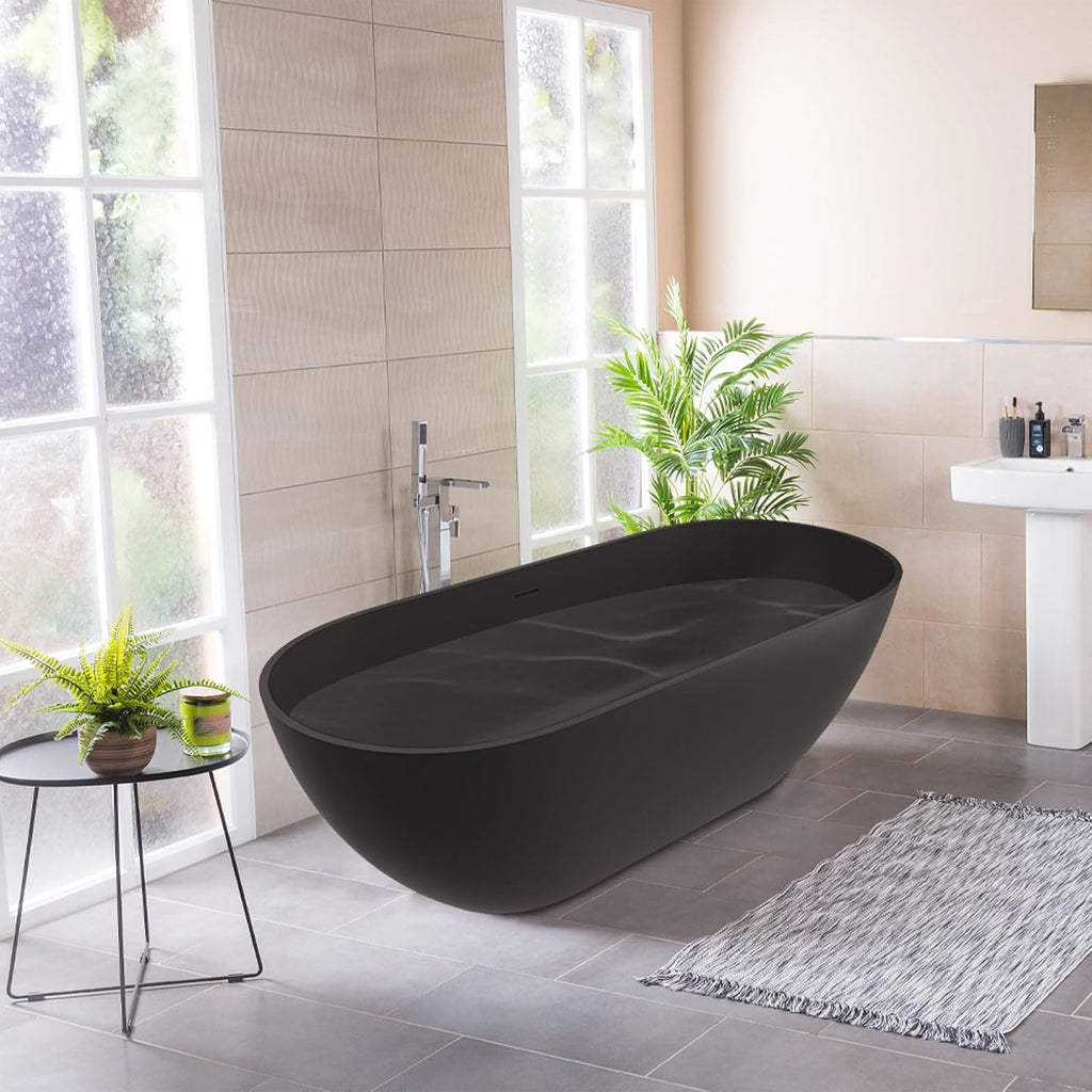 CASAINC 69' Free Standing Tub, Oval-Shaped Stone Resin Freestanding Bathtub Matte Black Solid Surface Soaking Tub with Drain, Drain Hose & Sanding Paper