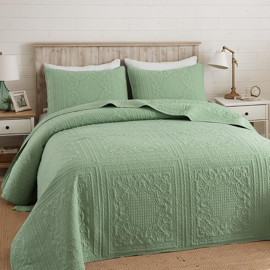 Brandream Queen Size Quilt Set Cotton Sage Green Quilts Cottage Core Bedding Matelasse Coverlet Set 3-Piece