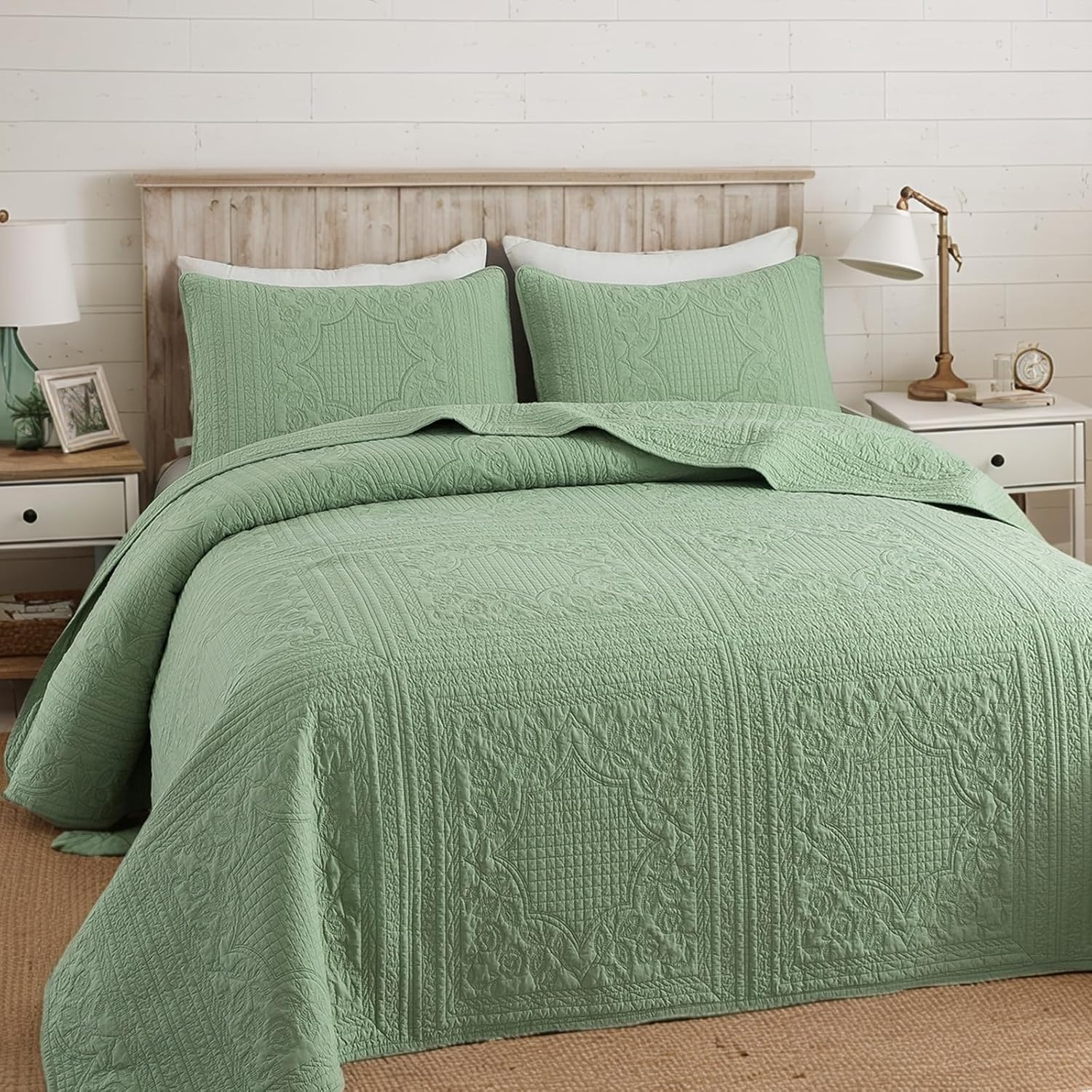 Brandream Queen Size Quilt Set Cotton Sage Green Quilts Cottage Core Bedding Matelasse Coverlet Set 3-Piece