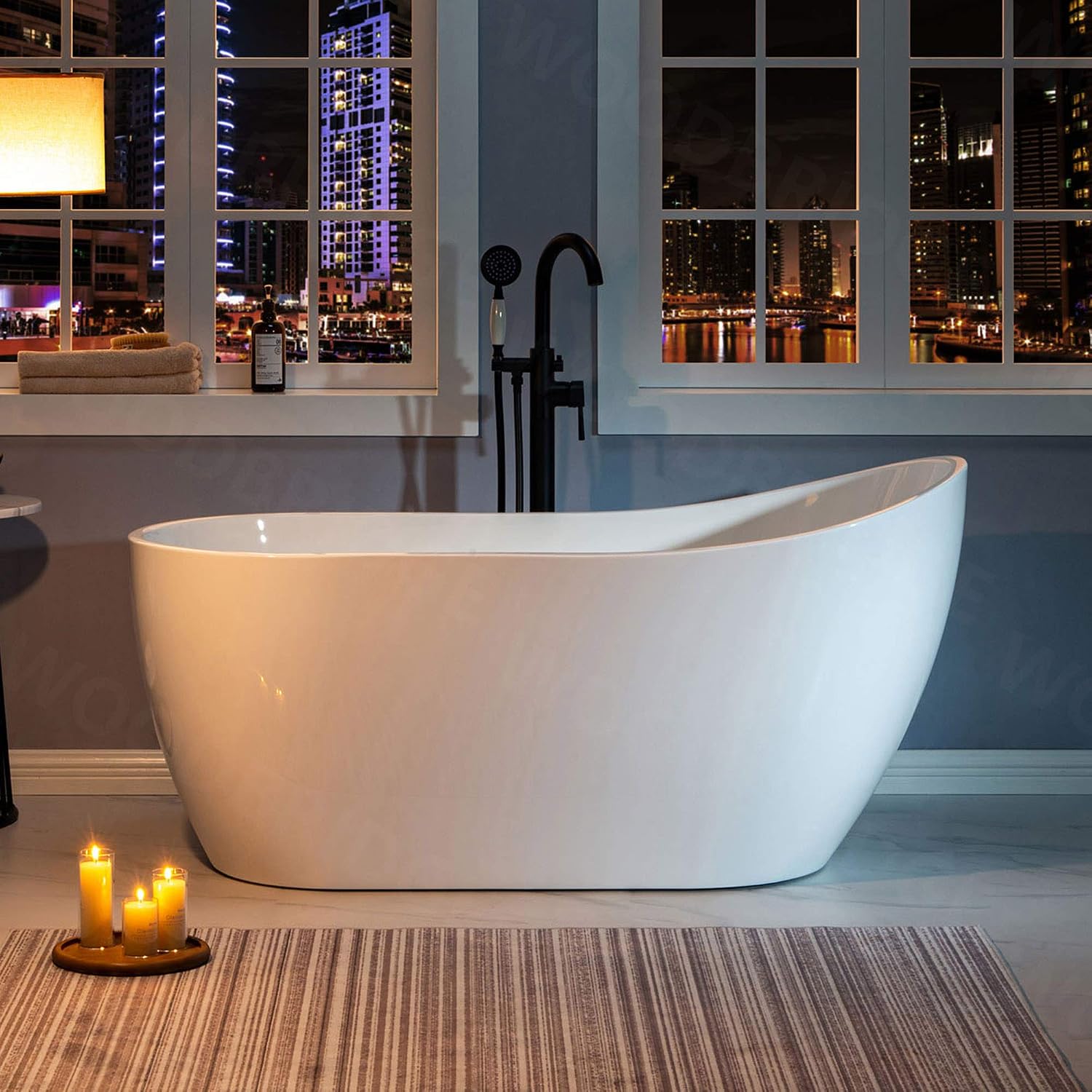 WOODBRIDGE 59' Acrylic Freestanding Bathtub Contemporary Soaking White Tub with Oil Rubbed Bronze Overflow and Drain，B1530 -ORB-Drain &O