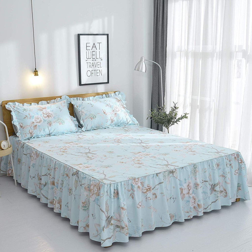 FADFAY Farmhouse Floral Bedding Shabby Blue Bird Print French Countryside Chic Bedding Set Luxury Bedskirt Collections 800 Thread Count 100% Egyptian Cotton, 4 Piece-California King Size