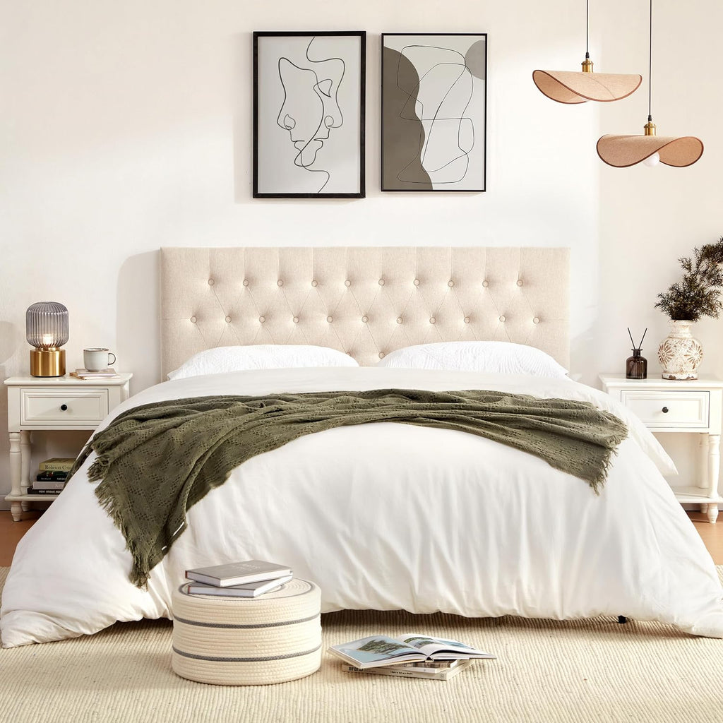 Huatean Home Tufted Upholstered Headboard California King Size, Solid Wood Head Board with Durable Metal Legs, Adjustable Height Bed headboard from 37' to 51' Fabric Headboard in Button Design, Beige