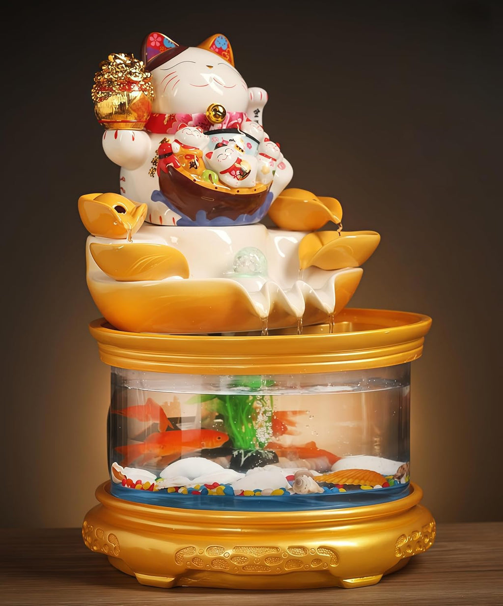 Fish Tank with Maneki Neko, Money Lucky Cat, Tabletop Water Fountain Indoor, Feng Shui Decor & Gifts for Home, Feng Shui Statue, Chinese New Year Decoration, Chinese Decor & Gifts (B)