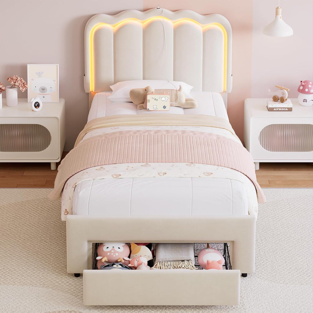 Twin Upholstered LED Bed Frame with Storage Drawer and Adjustable Chic Double Wavy Headboard, Velvet Princess Platform Bed for Kids/Girls, Solid Wood Slats Support, No Box Spring Needed, Beige