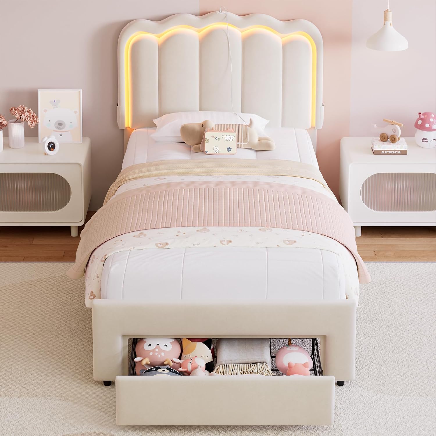 Twin Upholstered LED Bed Frame with Storage Drawer and Adjustable Chic Double Wavy Headboard, Velvet Princess Platform Bed for Kids/Girls, Solid Wood Slats Support, No Box Spring Needed, Beige