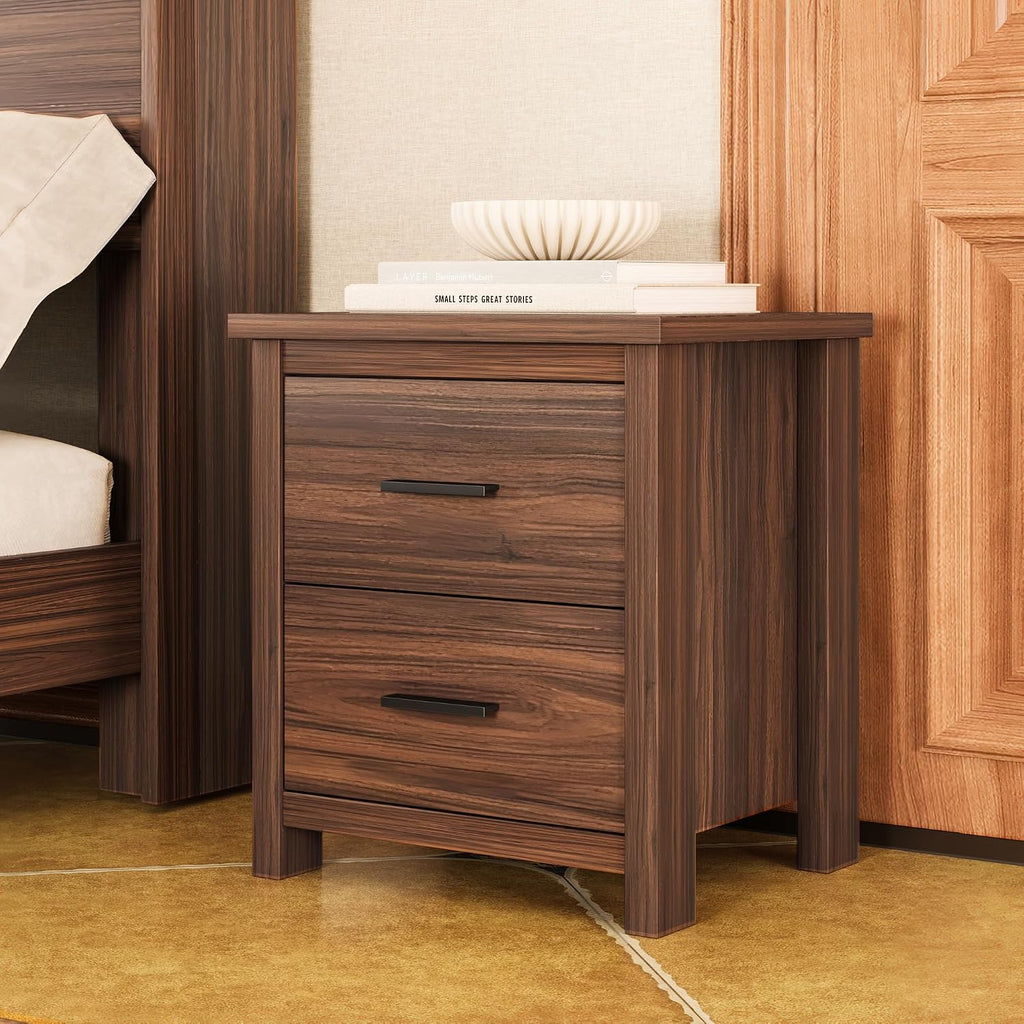 4PCS Bedroom Sets, Wooden Queen Size Bed Frame with Storage Headboard and Charging Station, 2 Nightstands with 2 Drawers,1 Dresser with 5 Drawers,Noiseless, No Box Spring Needed (Walnut-JU3)