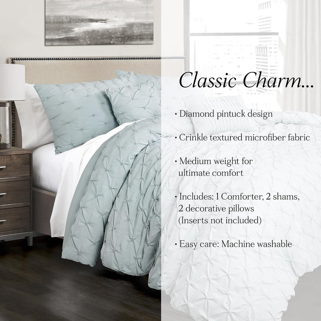 Lush Decor Ravello Pintuck Comforter Set - Luxe 5 Piece Textured Bedding Set - Traditional Glam & Farmhouse Inspired Bedroom Decor - Full/ Queen, Blue