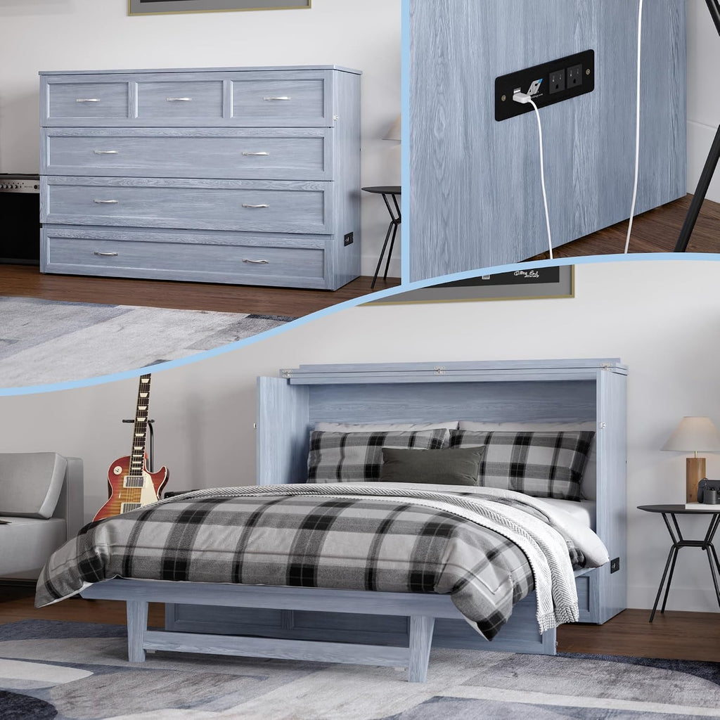 AFI, Northfield Murphy Bed Chest Queen with 6' Mattress, Storage Drawer & Built-in USB Charger, Driftwood