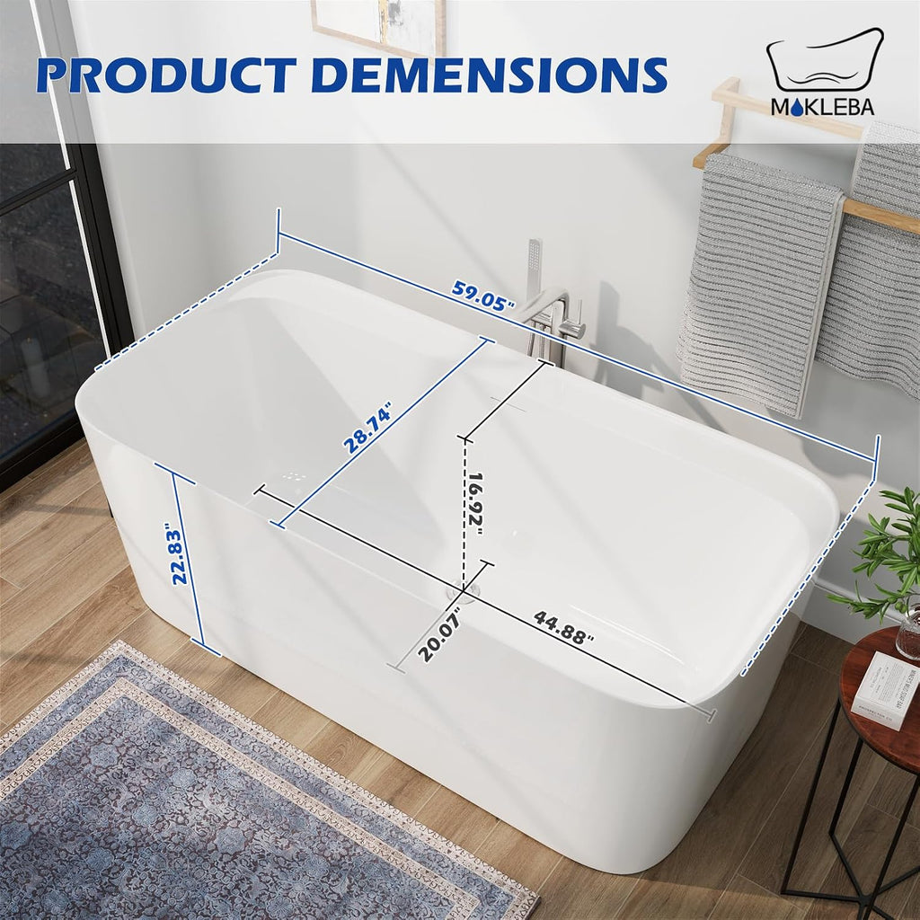 59' Lucite Acrylic Freestanding Bathtub, Rectangular Shape Contemporary Soaking Tub with Toe-tap Chrome Drain, Slotted Overflow, cUPC Certified, Glossy White