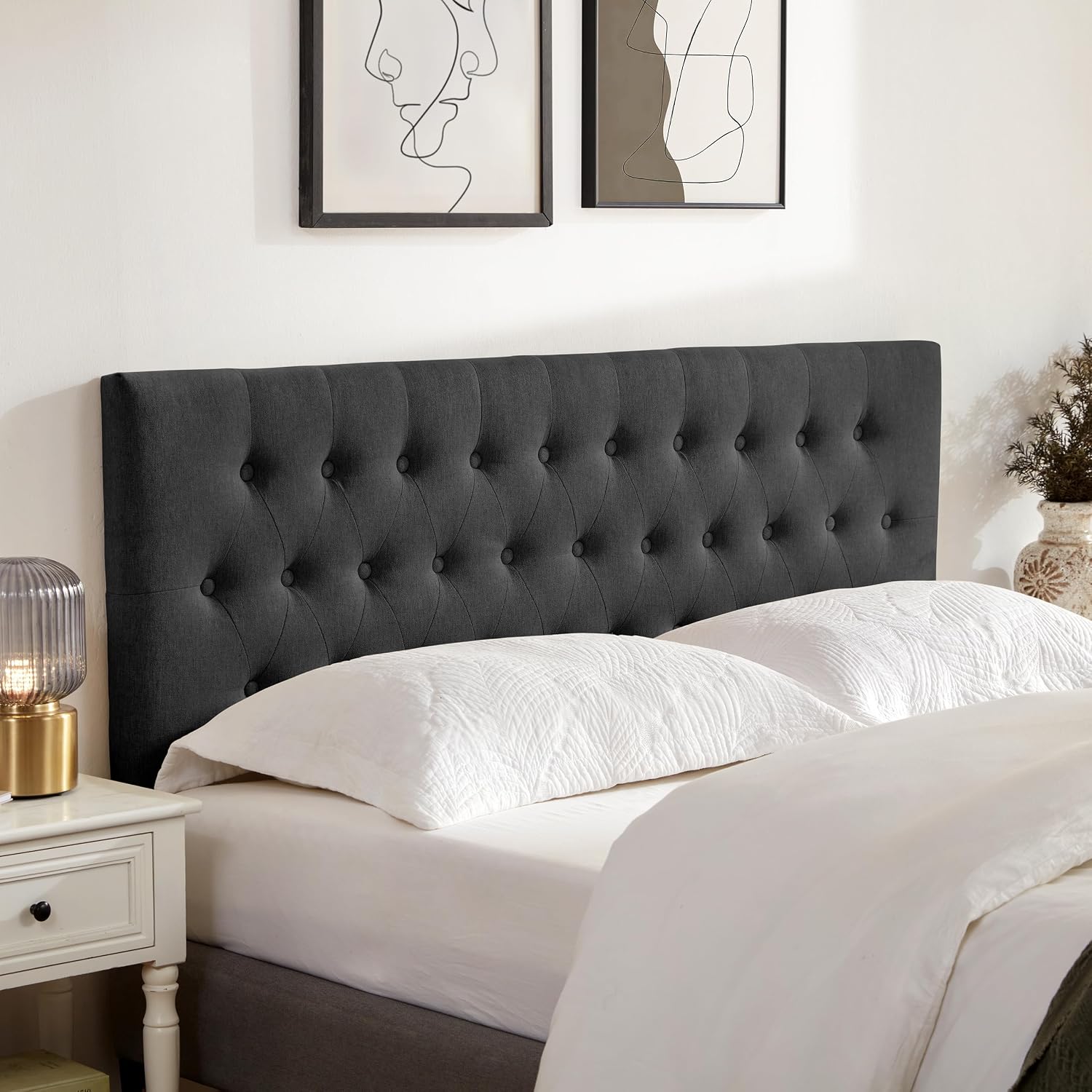 Huatean Home Tufted Upholstered Headboard King Size, Solid Wood Head Board with Durable Metal Legs, Adjustable Height Bed headboard from 37' to 51' Fabric Headboard in Modern Button Design (Black)