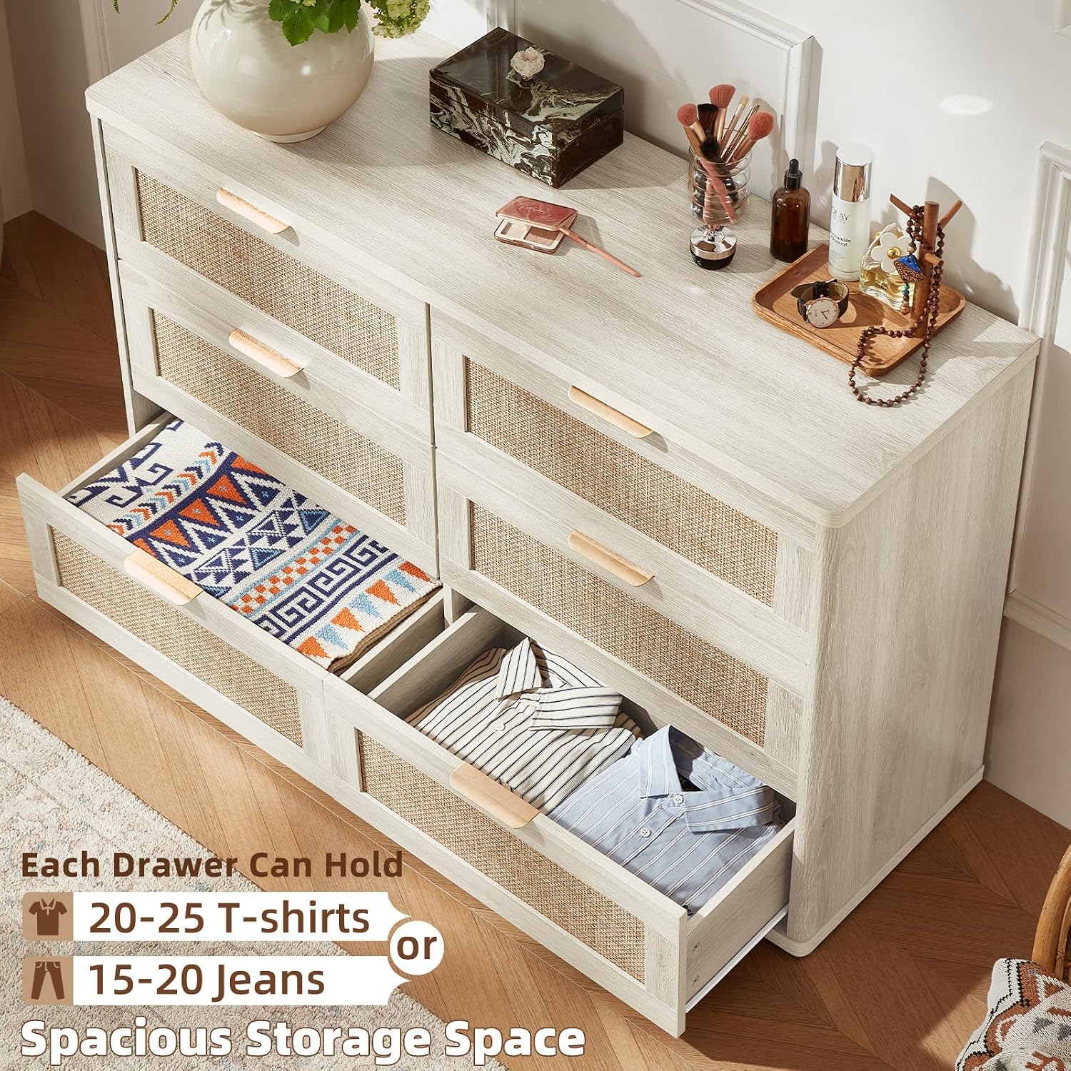 LEYAOYAO Rattan Dresser and Nightstand Set of 4, Boho Wood Dresser for Bedroom with 6 Drawers and Night Stand with Charging Station, Bedroom Furniture,Dressers & Chests of Drawers,Living Room,Hallway
