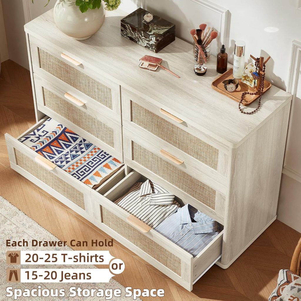 LEYAOYAO Rattan Dresser and Nightstand Set of 4, Boho Wood Dresser for Bedroom with 6 Drawers and Night Stand with Charging Station, Bedroom Furniture,Dressers & Chests of Drawers,Living Room,Hallway